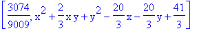 [3074/9009, x^2+2/3*x*y+y^2-20/3*x-20/3*y+41/3]